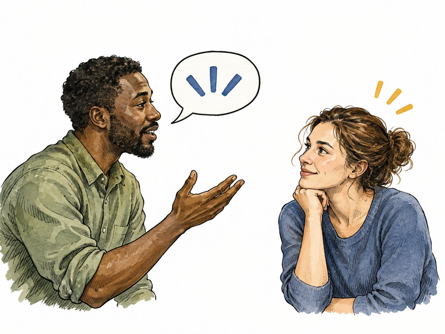 A Black speaker gives a brief explanation with one small speech bubble containing three short abstract strokes, listener understands.
