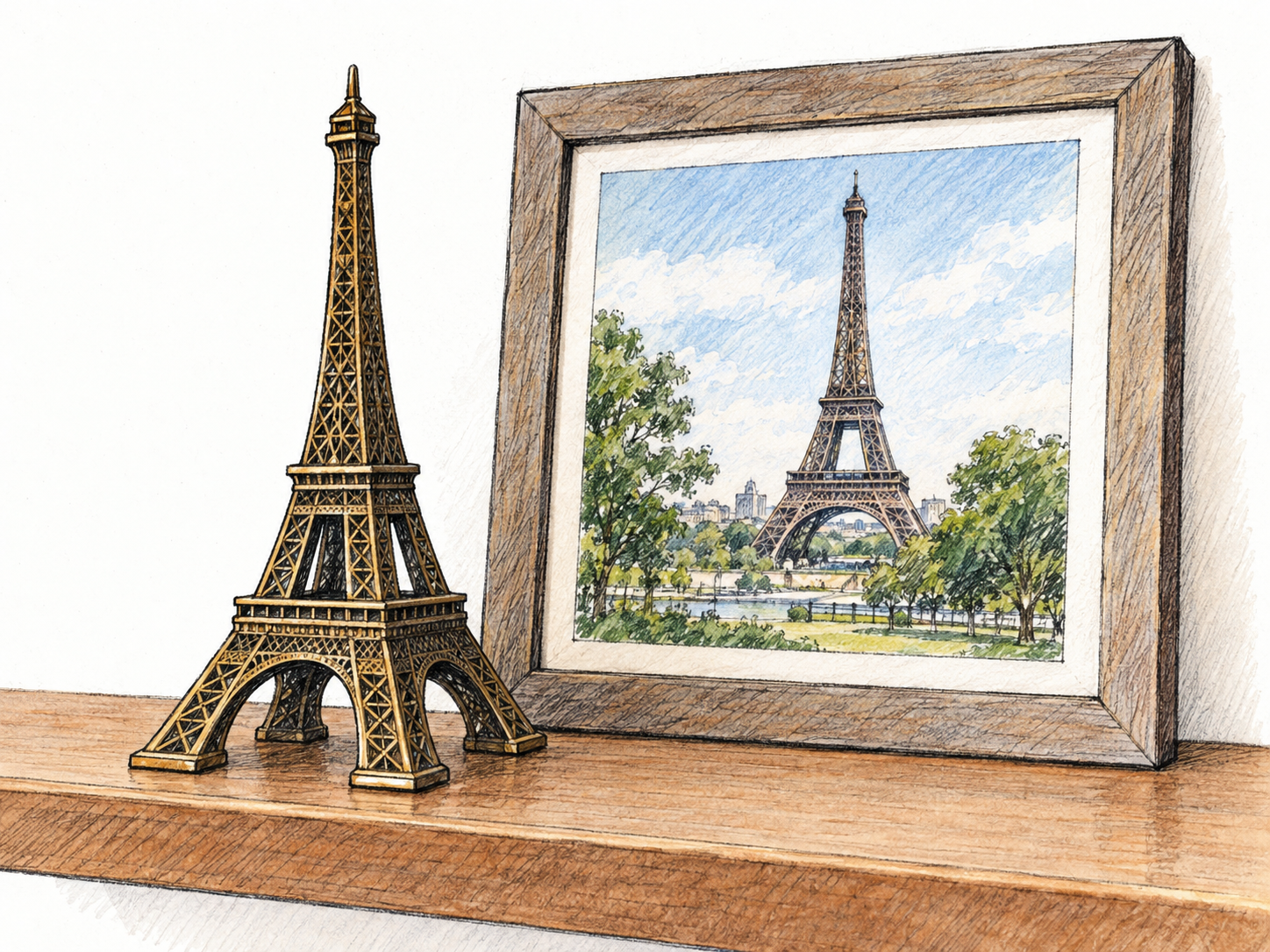 A miniature Eiffel Tower kept on a home shelf beside a framed travel photograph of the same landmark visibly connects a keepsake object with the place it recalls.