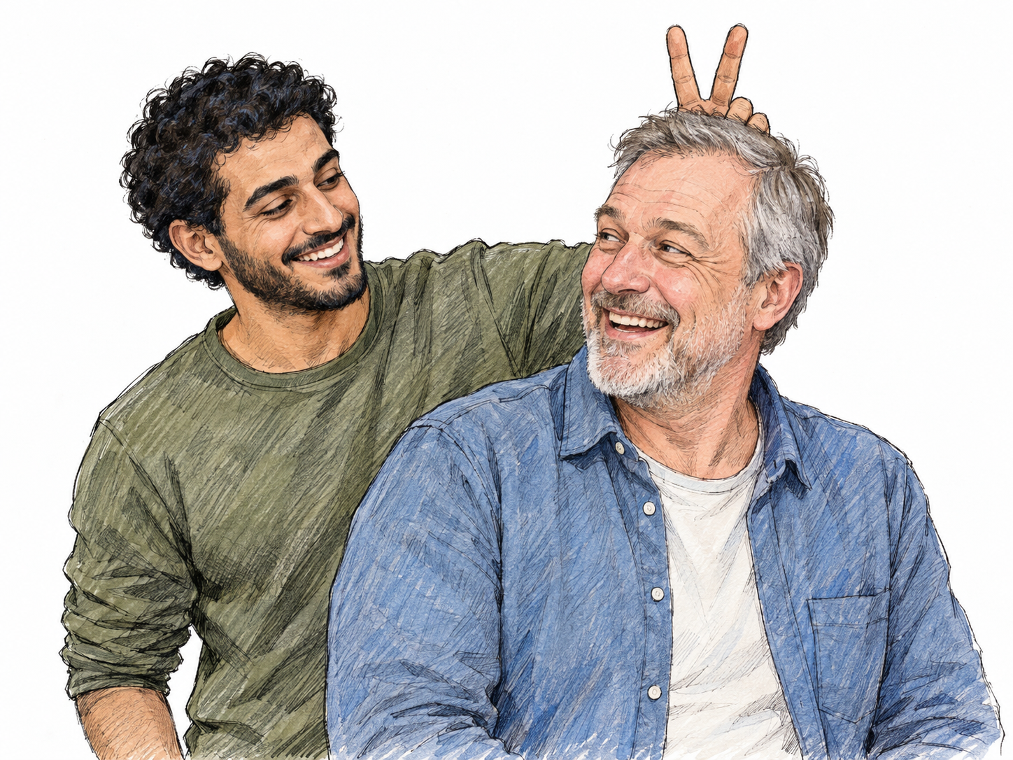 A young man playfully makes bunny ears behind an older man's head while the older man notices and laughs—a harmless mischievous antic.