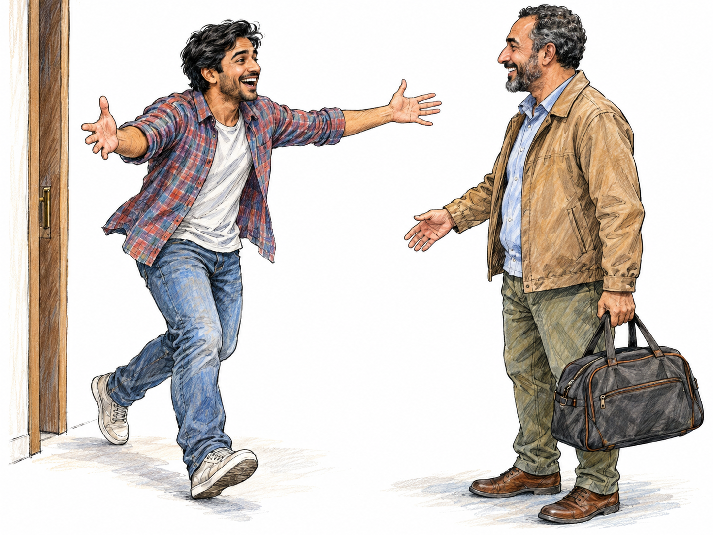 An exuberantly cheerful young man welcomes a arriving friend, springing forward with a broad open smile and arms spread wide; the friend's quieter smile makes the central man's overflowing enthusiasm especially clear.