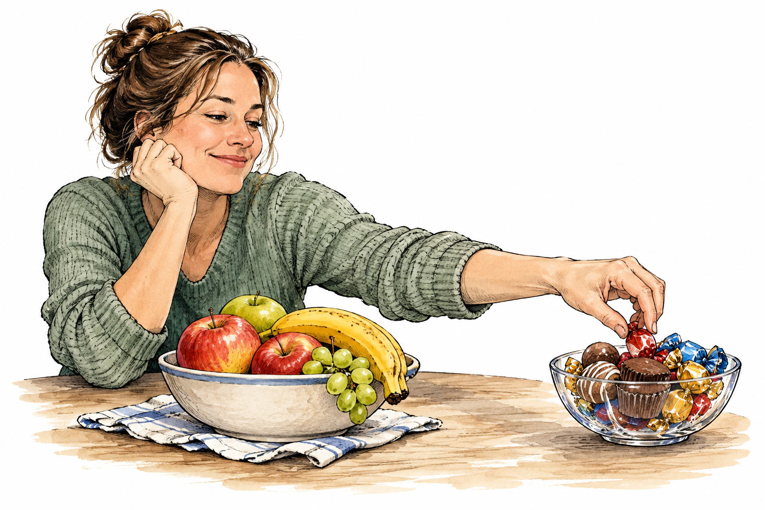 An adult habitually reaching toward a bowl of sweets while fruit sits nearby, recognizable repeated inclination through ordinary gesture, no extra text or diagrams.