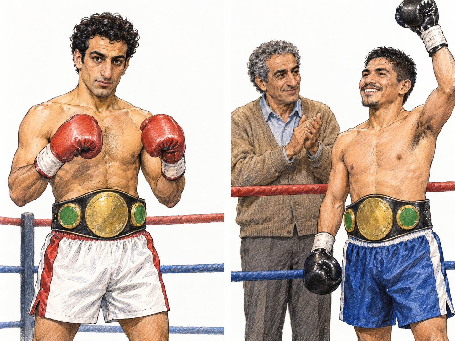 A former boxing champion: a compact two-panel comparison shows the same man first wearing a championship belt in the ring, then decades later, gray-haired and in ordinary clothing outside the ring, applauding a younger boxer who now wears that distinctive belt.