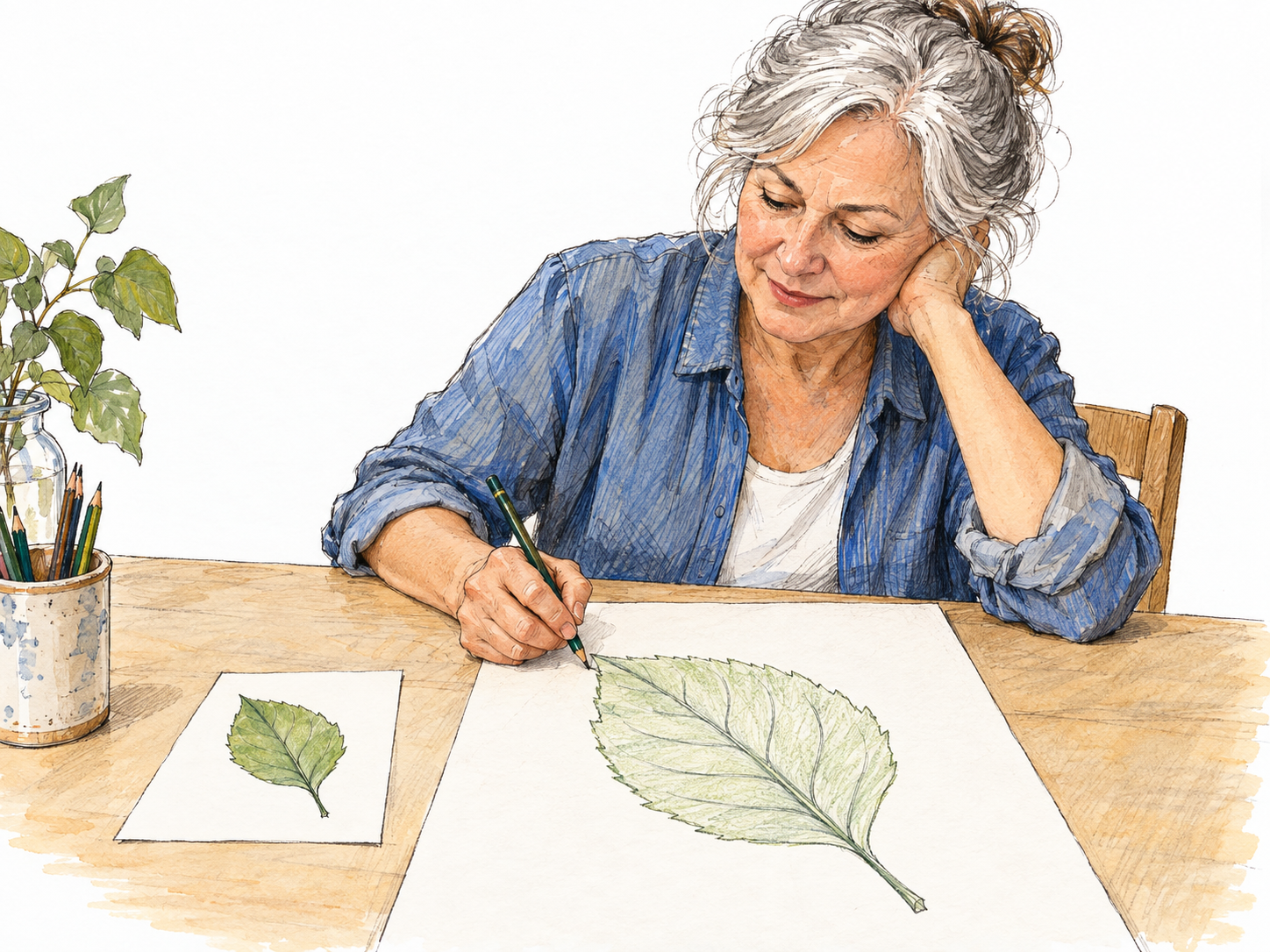 An older woman enlarges a small leaf drawing onto a much larger sheet, preserving the leaf's shape while making it visibly bigger.