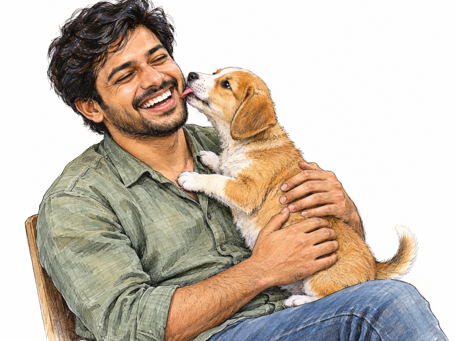 A young man laughs with unmistakable pleasure as a small puppy on his lap licks his cheek.