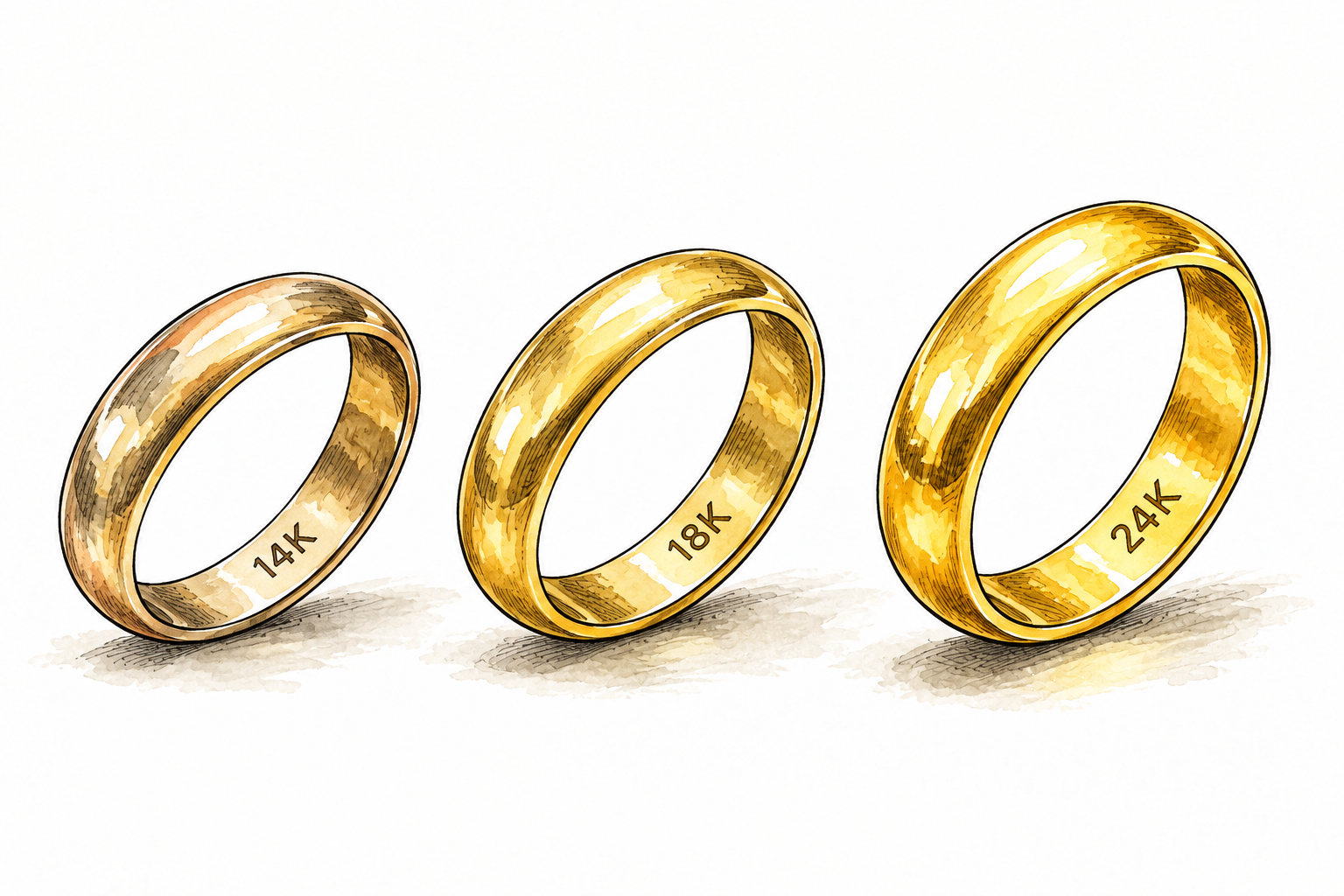 Three gold rings and simple purity marks '14K', '18K', '24K' only, arranged as increasing gold purity, no other lettering.