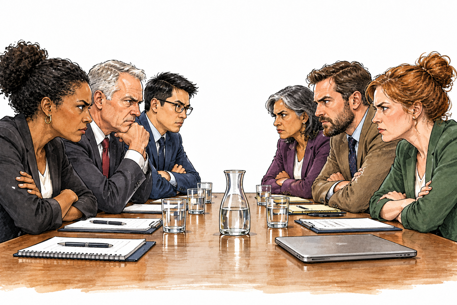 Two opposing groups show antagonism with tense expressions across a meeting table, no threats or violence.