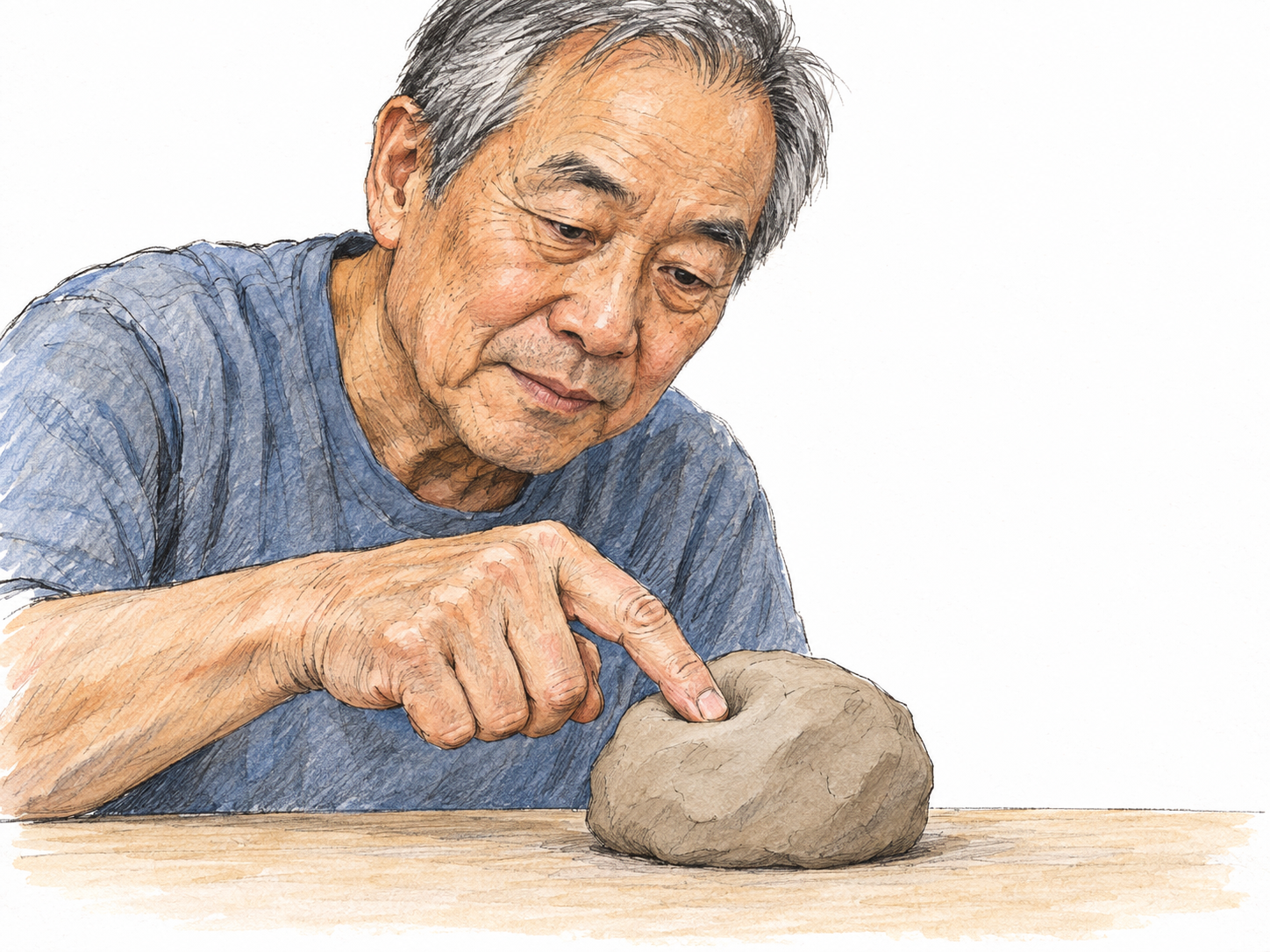 An older East Asian man pokes a soft ball of clay with his index finger, making a small, clearly visible indentation.