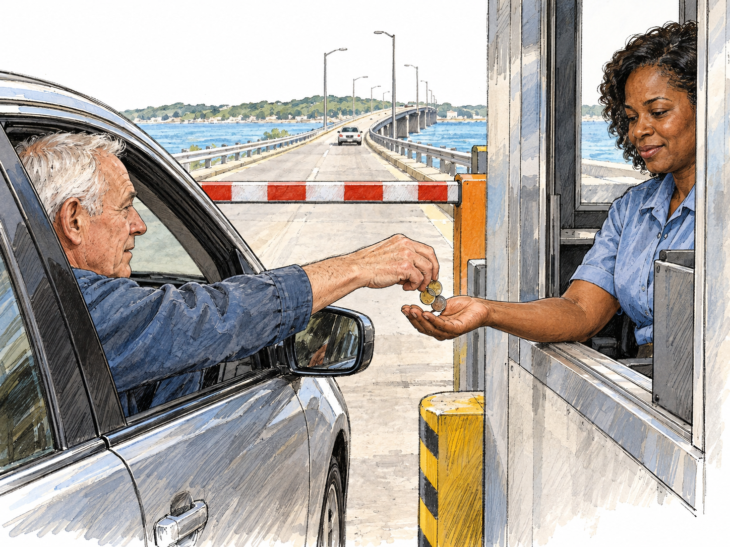 A driver hands coins to a toll-booth attendant beside a lowered road barrier, with the roadway continuing onto a bridge immediately beyond.