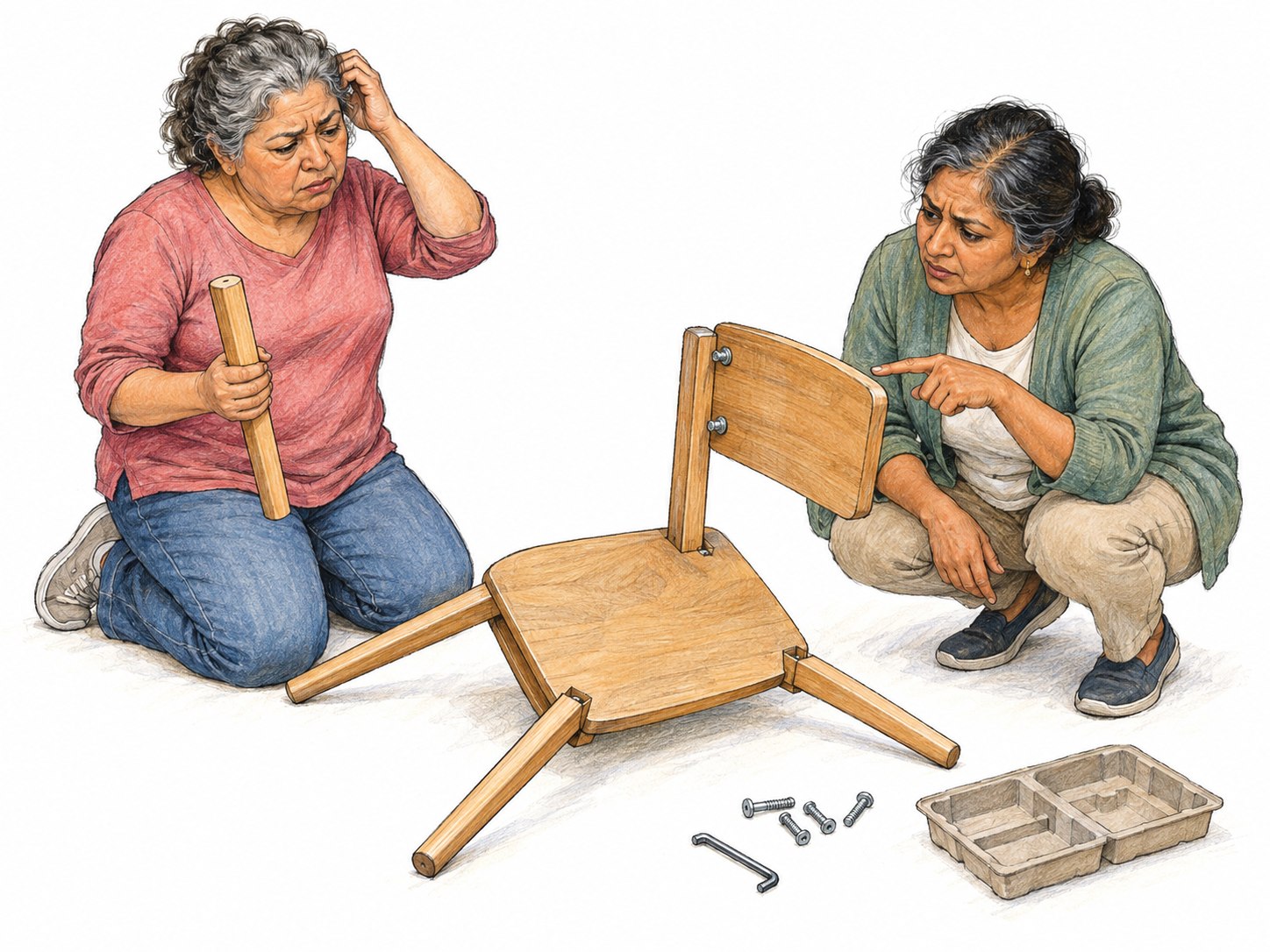 A bungled flat-pack chair assembly: two older women stare in confusion at a chair with its backrest attached sideways, while an unused leg, loose bolts, and the empty hardware tray lie beside it.