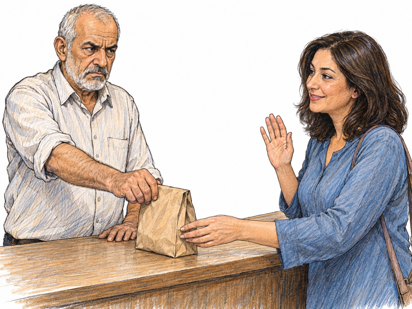 An older shopkeeper responds to a customer's friendly greeting with a brusque, unsmiling manner, sliding her purchase toward her without reciprocating her warmth.