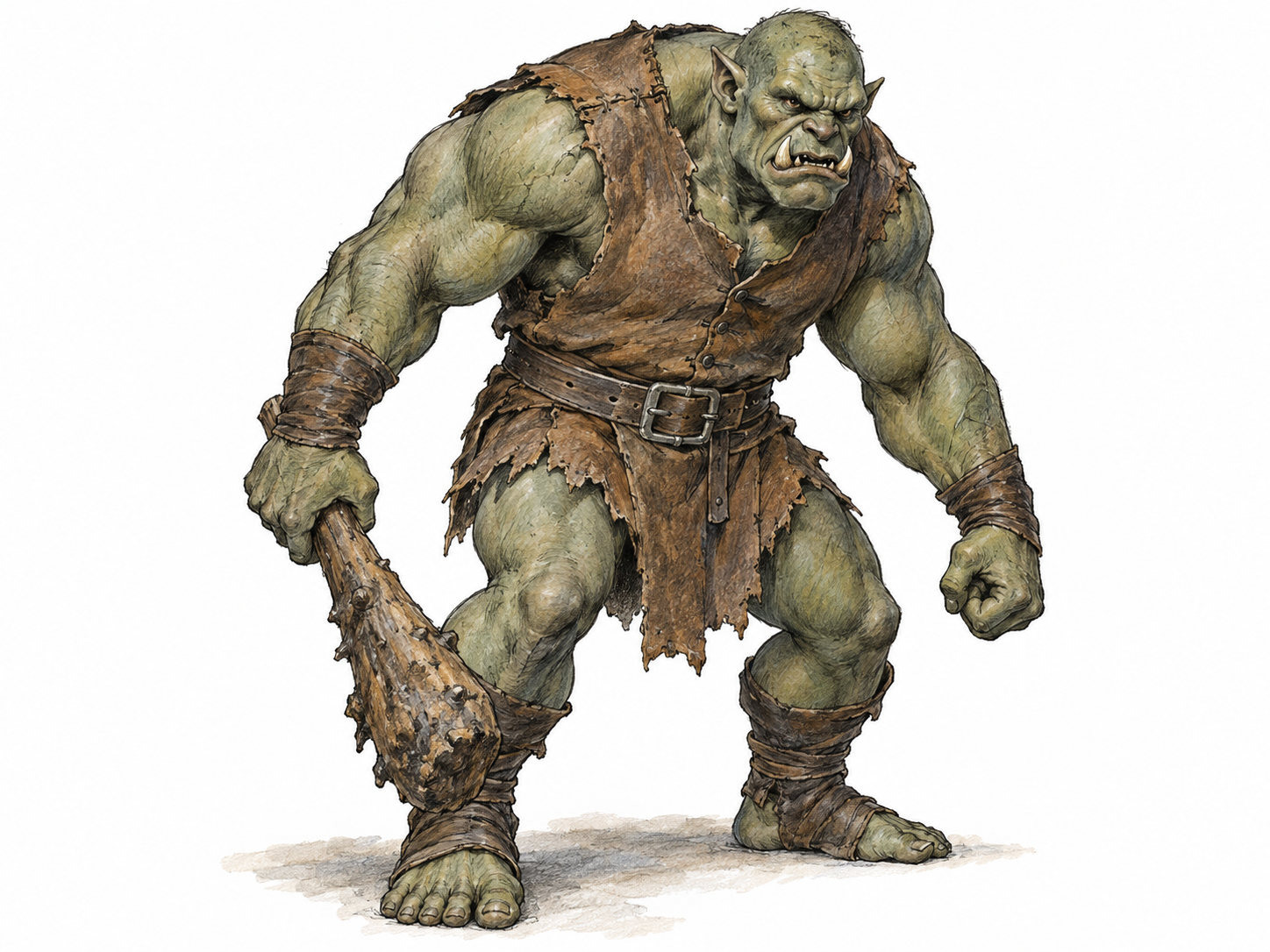 A single burly fantasy orc stands hunched with a crude wooden club, its humanoid anatomy, projecting lower tusks, pointed ears and snarling face clearly visible.