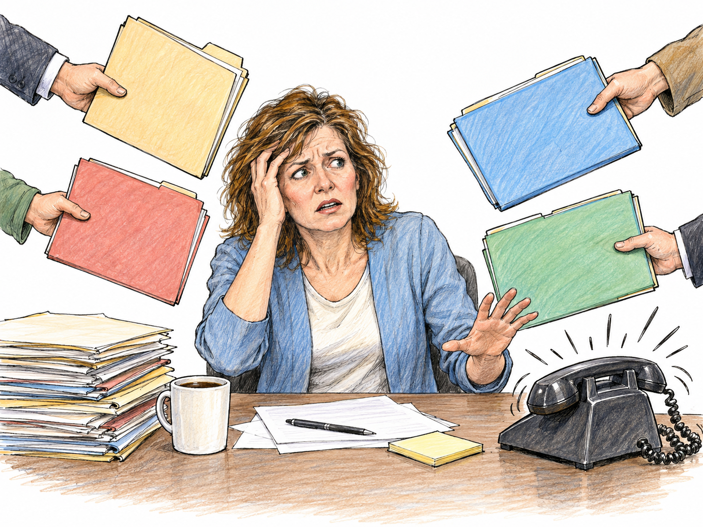 A woman at a small desk looks overwhelmed as several hands present competing blank folders and a ringing plain telephone demands attention; clear persistent demands from several directions, no legible text.