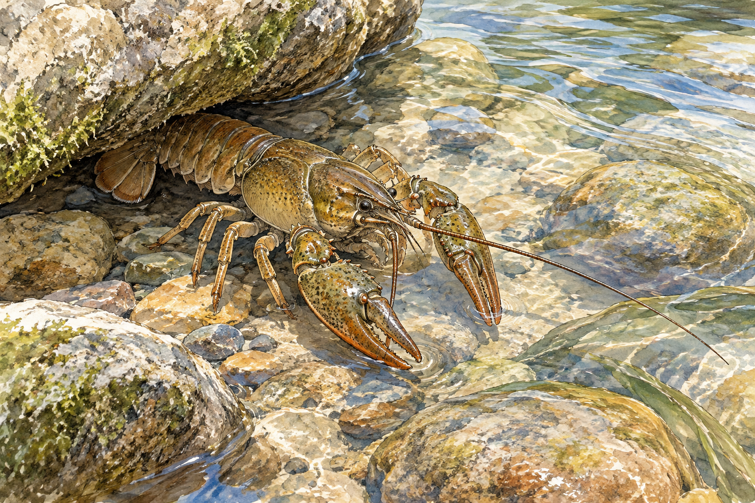 A realistic olive-brown crayfish partly emerges from beneath a stream rock, seen from above at a slight angle with two forward pincers, segmented body and fan tail, two long antennae and four pairs of smaller legs, clear shallow freshwater ripples.