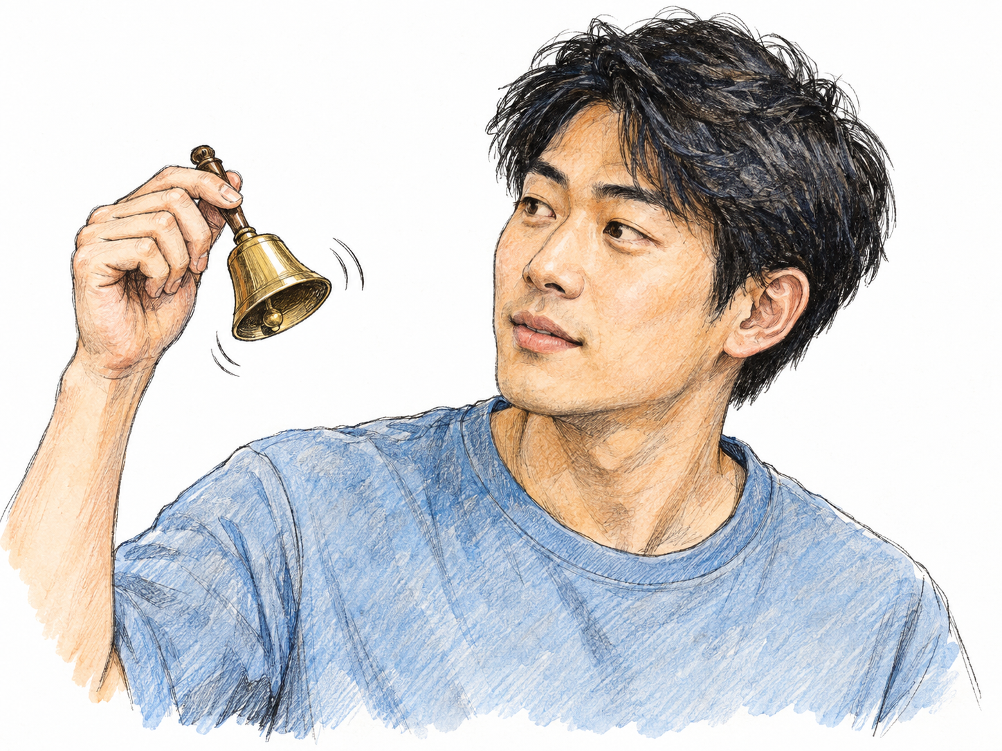A young adult East Asian man listens attentively to a small ringing handbell held near, but not touching, his visible ear, making hearing the clear focus.