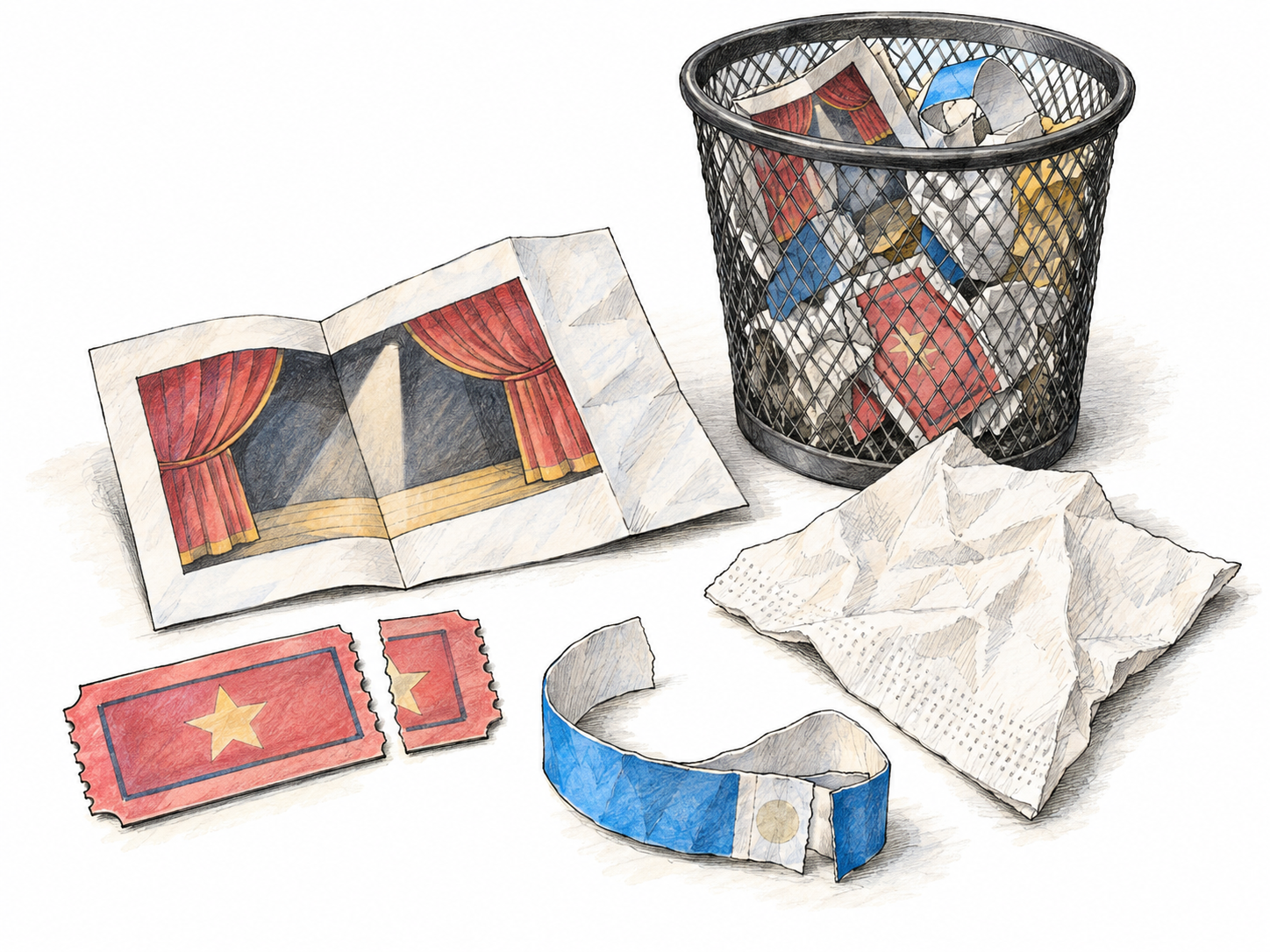 A small cluster of short-lived paper items beside a wastebasket: a torn admission ticket, a removed paper wristband, an unfolded pictorial event leaflet and a crumpled paper napkin.