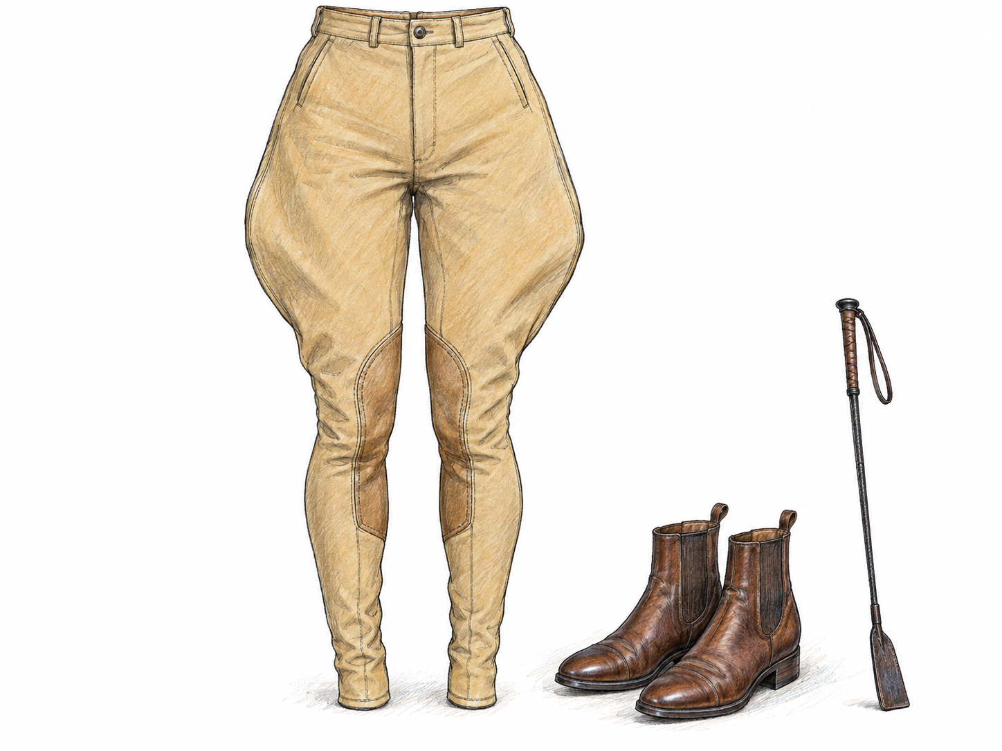 An isolated pair of tan jodhpurs, displayed upright in a natural garment shape, with conspicuously roomy hips and thighs tapering into close-fitting knees and lower legs.