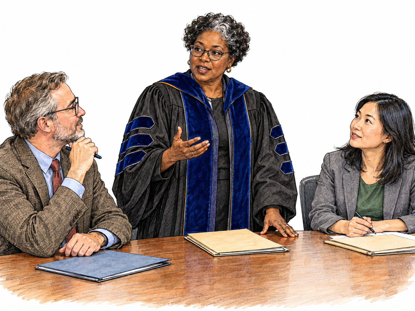 A senior academic administrator presides over a small faculty planning meeting, wearing a modest academic gown over professional clothes, two colleagues listening; plain folders and no university names or lettering.