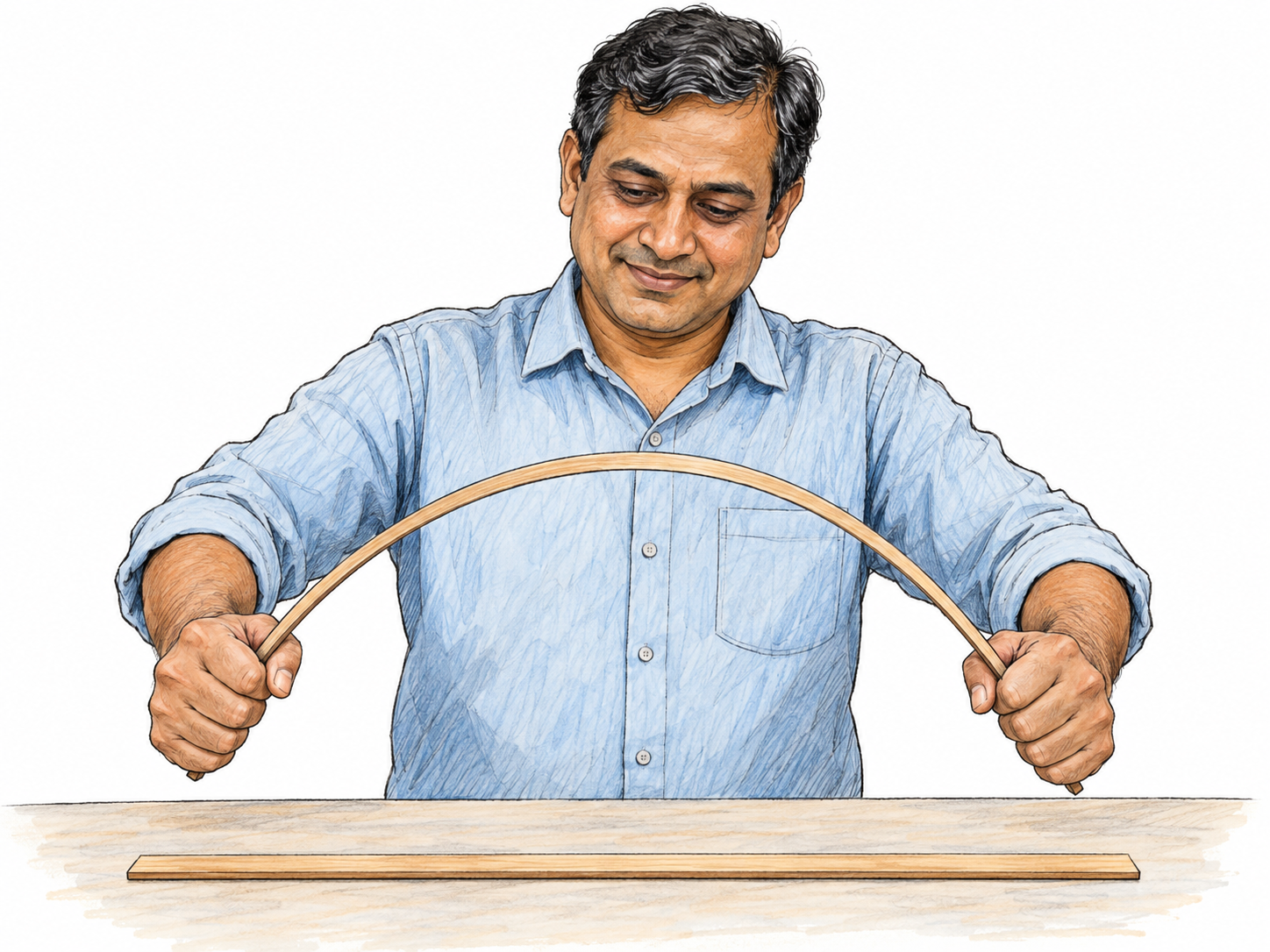 A man visibly flexes a thin wooden strip into a broad curve between his hands; a matching straight strip lies on the table as a clear comparison.