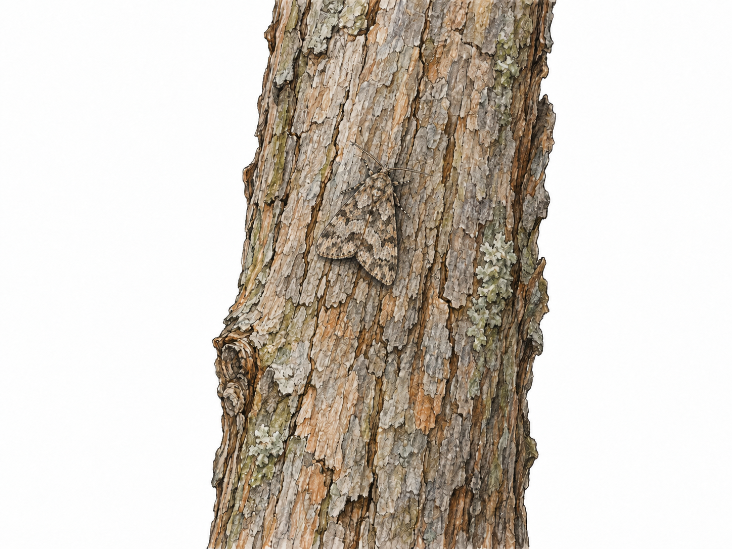 A small mottled gray-brown moth resting on matching tree bark, fully exposed but difficult to notice because its wing pattern blends with the bark.
