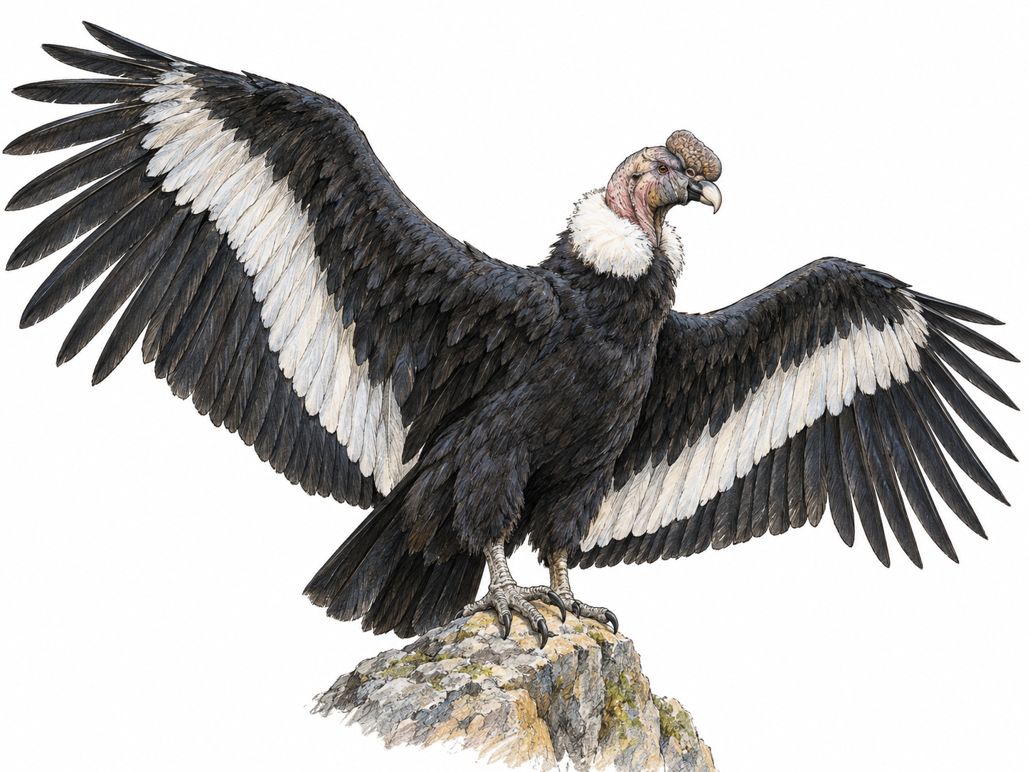 An adult male Andean condor perched on a sparse rocky ledge with its enormous wings spread, clearly showing its bare head, fleshy comb, white neck ruff, black plumage and white wing panels.