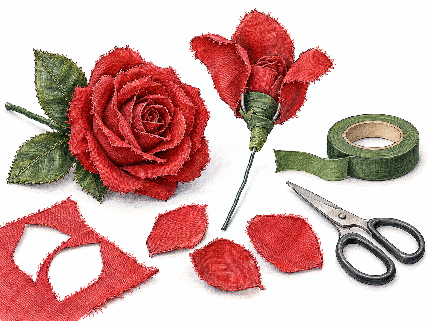 An unfinished artificial rose lies beside its assembled counterpart, with cut fabric petals and exposed wire stems making its manufactured rather than natural origin visible.