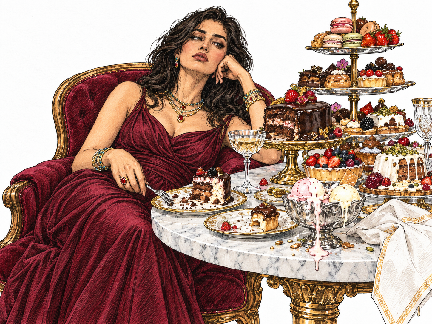 An extravagantly dressed woman reclines beside an absurd excess of elaborate desserts and luxurious tableware, abandoning a barely tasted confection while other servings melt and go to waste.