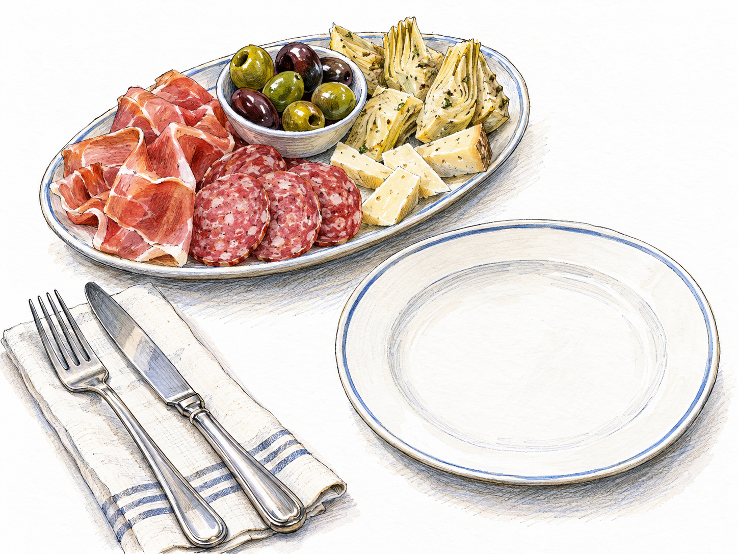 A small Italian antipasto platter ready to begin a meal, with folded cured meats, olives, marinated artichokes, and slices of cheese beside an unused dinner plate.
