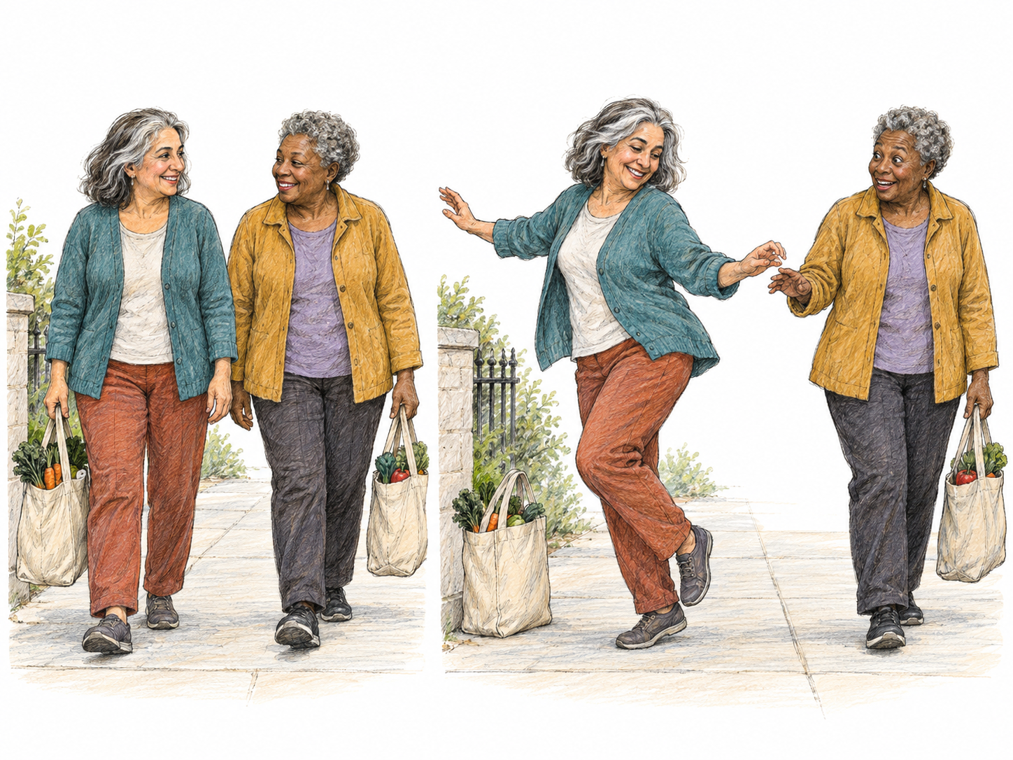 An impromptu dance interrupts an ordinary walk home: a compact two-moment sequence contrasts two women carrying groceries with one suddenly twirling and inviting her surprised companion to join.