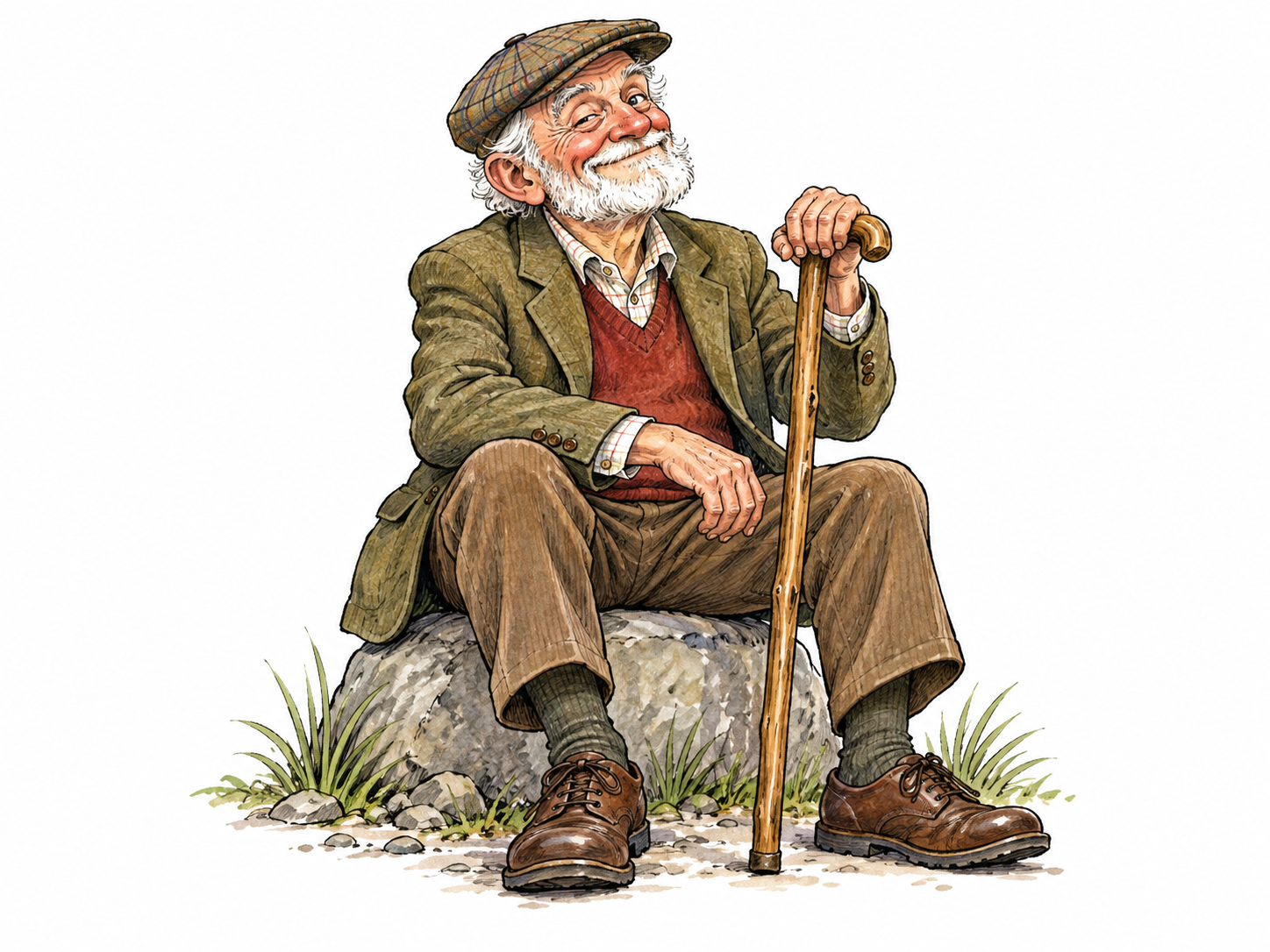Affectionately humorous older man with gray beard and cap sits proudly with walking stick, lively crinkled expression, no caricature of ethnicity.