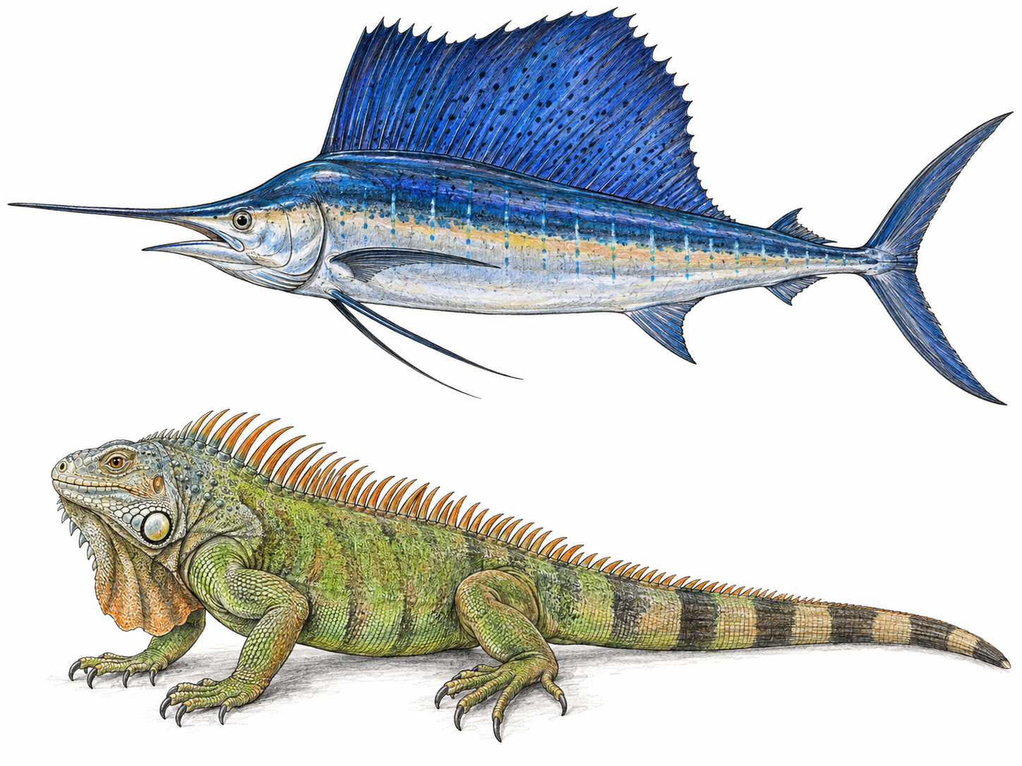 A compact comparison of a sailfin fish and a crested iguana, each in full side view, with their conspicuous raised structures following the upper midline of the back.