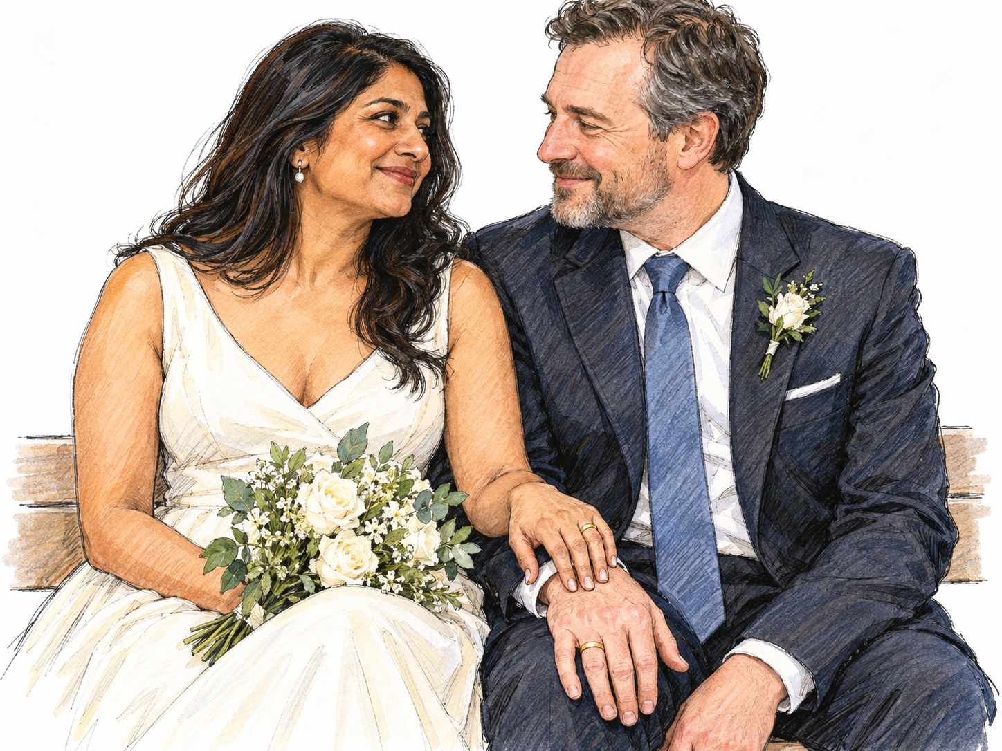 A bridal couple seated closely together with their wedding-banded hands visible, illustrating the frozen sense of connubial: relating to marriage or the relationship between spouses.