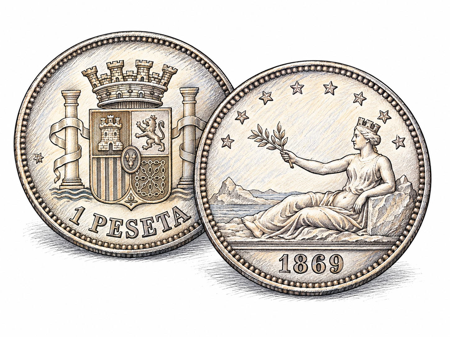 A Spanish1869 one-peseta coin shown in two views, obverse with reclining Hispania and reverse with coat of arms, based on the inspected FNMT historical specimen.