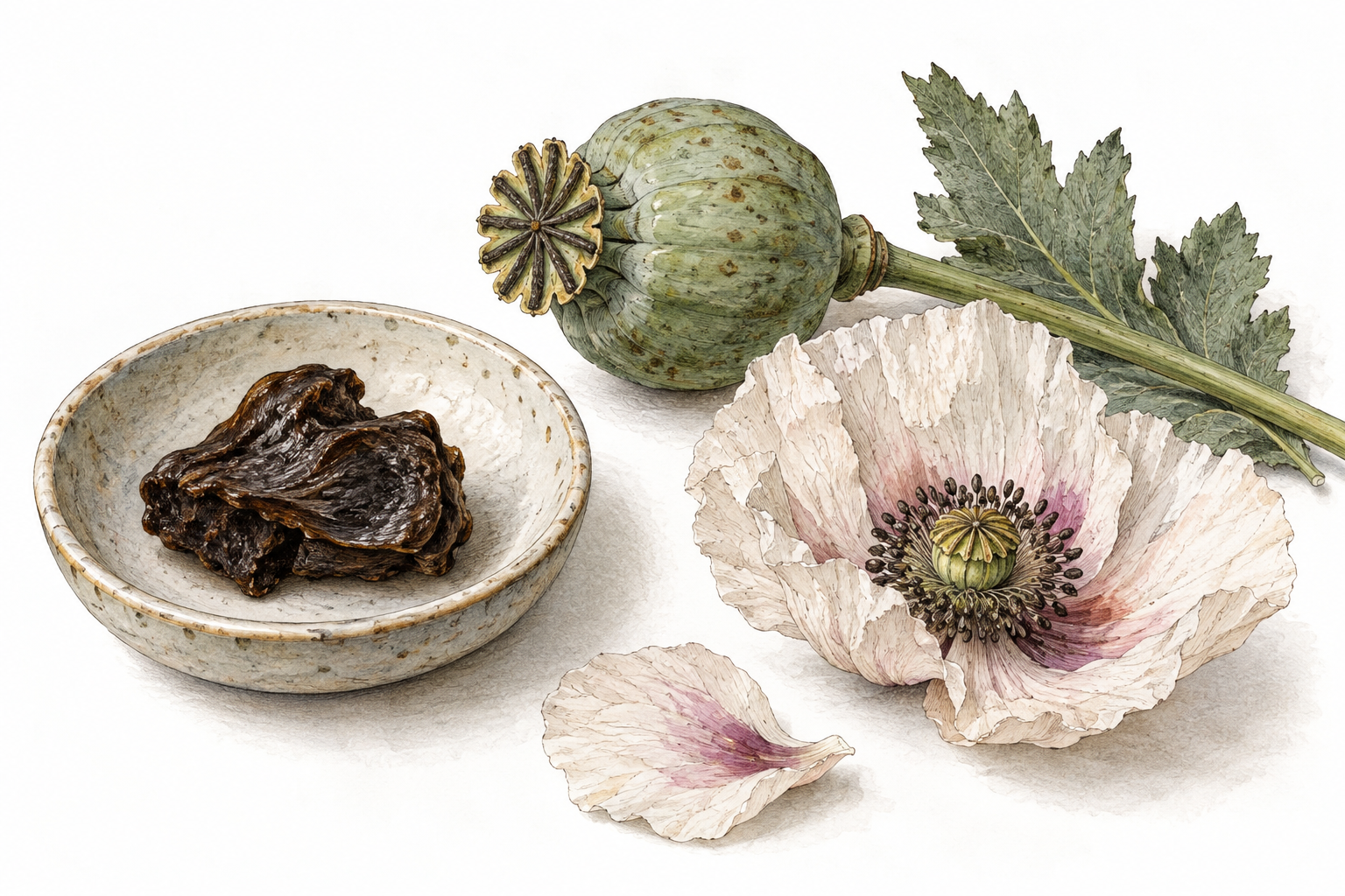 A museum-style botanical specimen still life: a small dark brown piece of dried poppy resin in a shallow ceramic specimen dish beside a green poppy capsule and a pale poppy flower on white paper.
