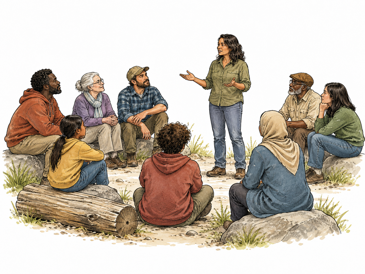 A diverse community assembly sits in a semicircle listening to a speaker.