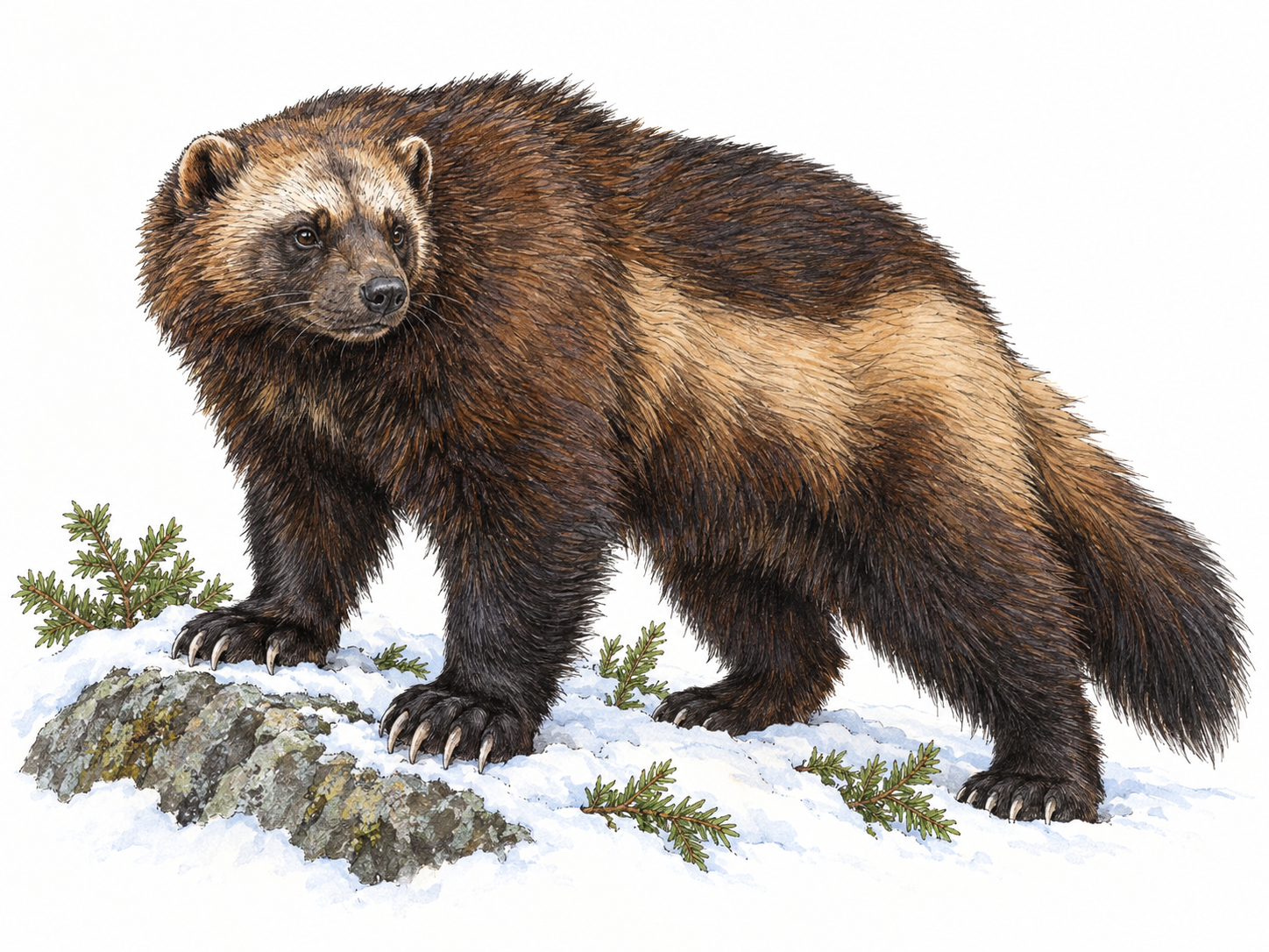 A single wolverine stands in three-quarter side view on a small patch of snowy northern ground, showing its stocky body, broad head, short rounded ears, powerful short legs, broad paws and bushy tail.