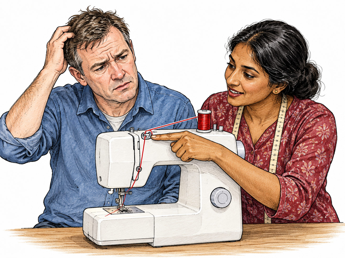 An adult studies an unfamiliar sewing-machine threading mechanism with a puzzled expression while an experienced user points out the missing thread route.