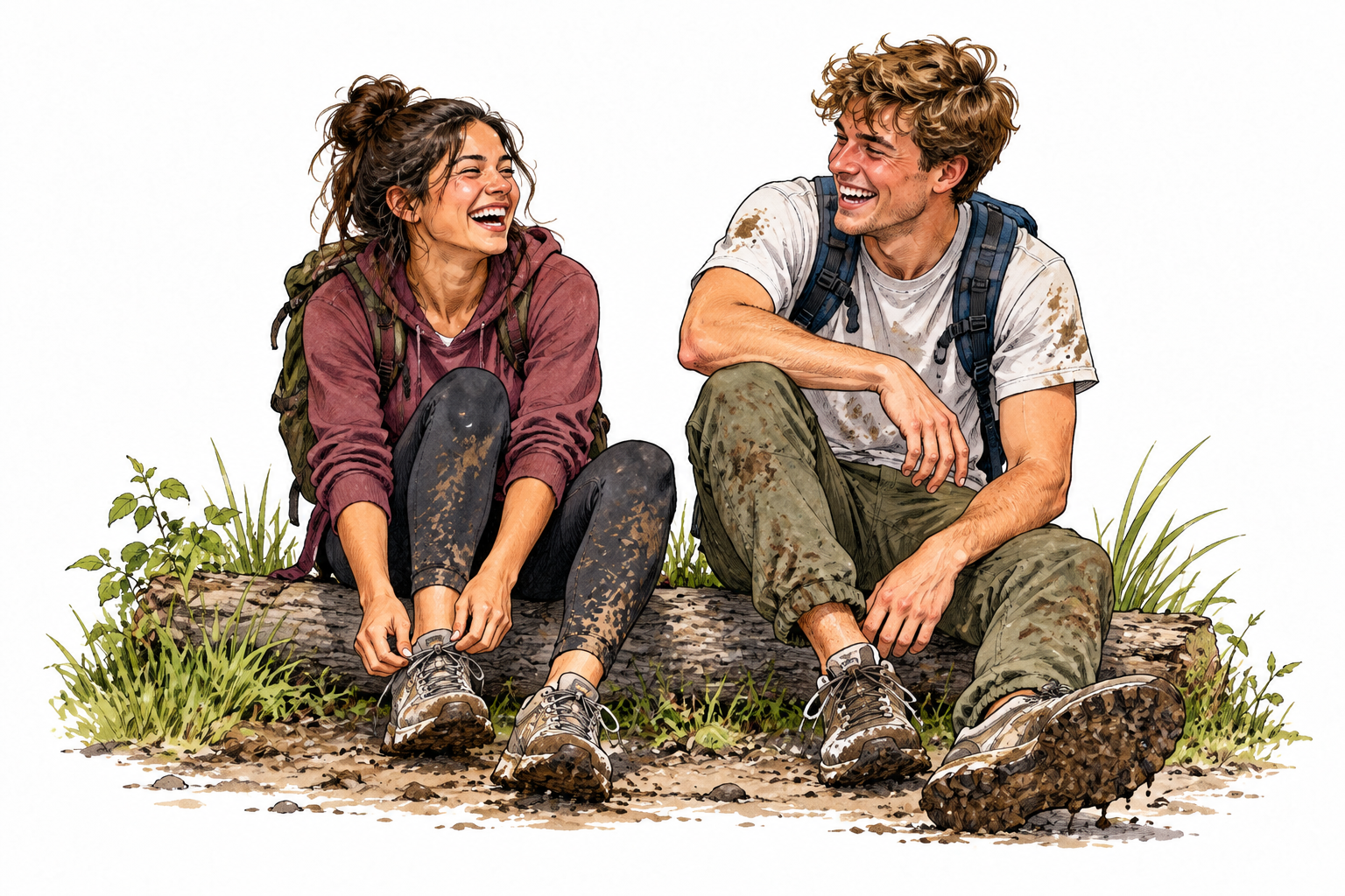 Two young adults laugh after a harmless mischievous adventure that left their shoes muddy, realistic proportions.