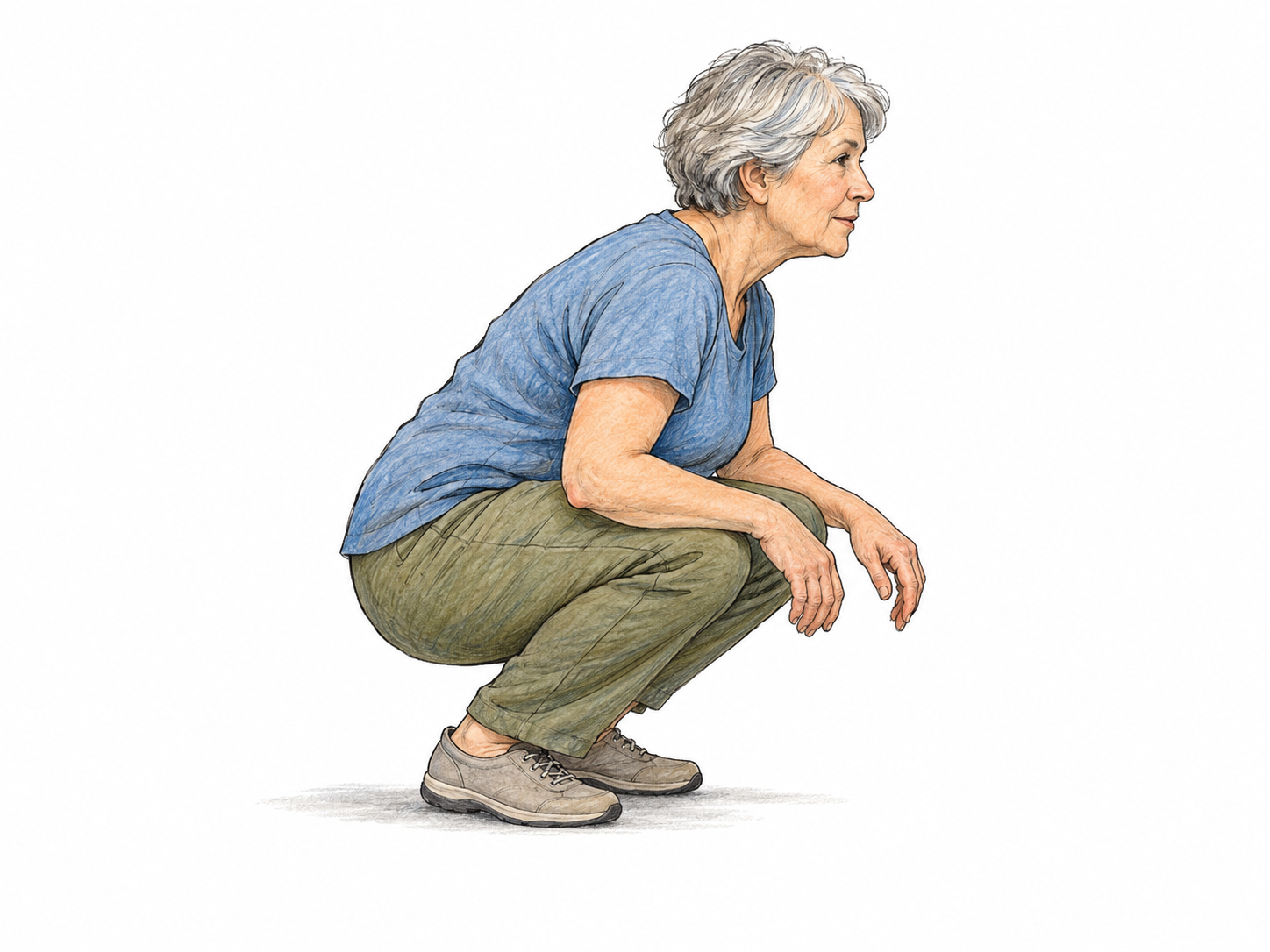A woman shown in clear side view crouches low, bending both knees deeply and leaning her torso forward close to the ground, with neither knee touching the ground.