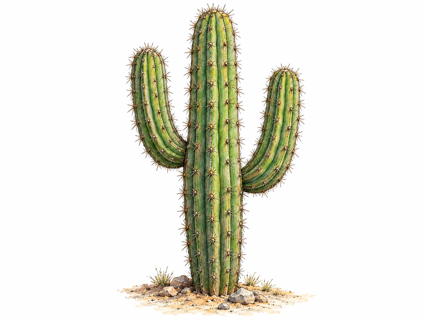 A single thick-stemmed, ribbed saguaro cactus with two upward-curving arms and clearly visible clusters of spines, rooted in a small patch of dry desert ground.