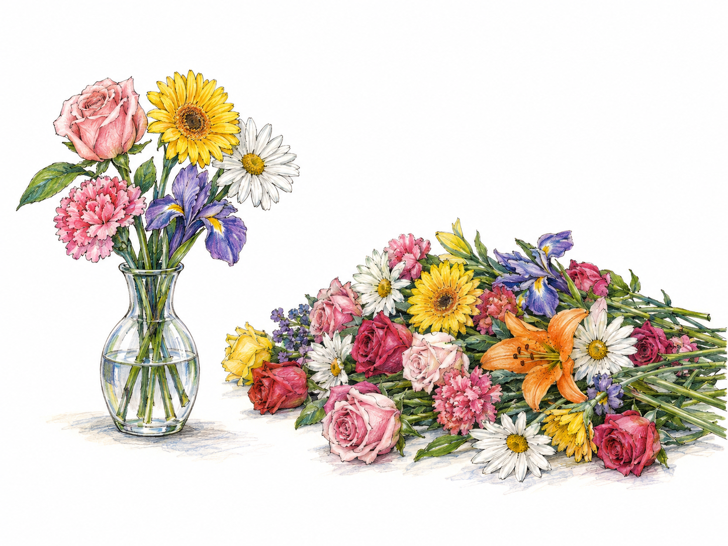 A small vase holds a complete, neatly arranged bouquet, while an unnecessarily large surplus of cut flowers lies beside it, with no room or need for more.