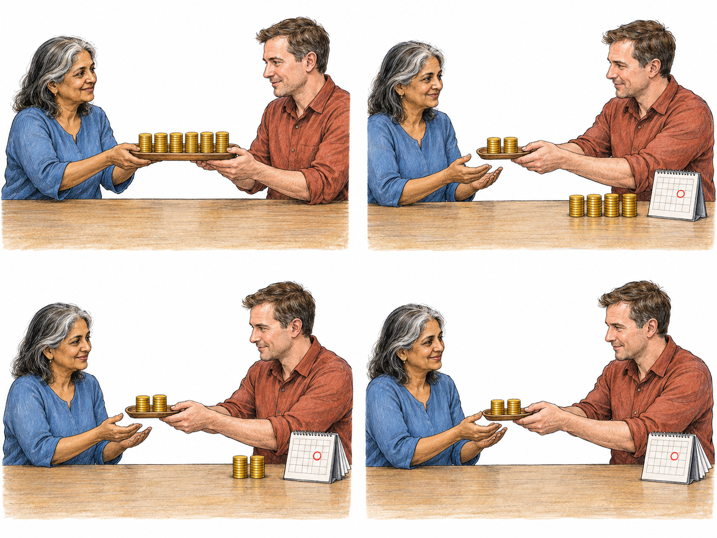 A compact four-stage sequence shows a lender advancing one sum of money, followed by three equal repayments on recurring calendar dates until the borrowed sum is exhausted.