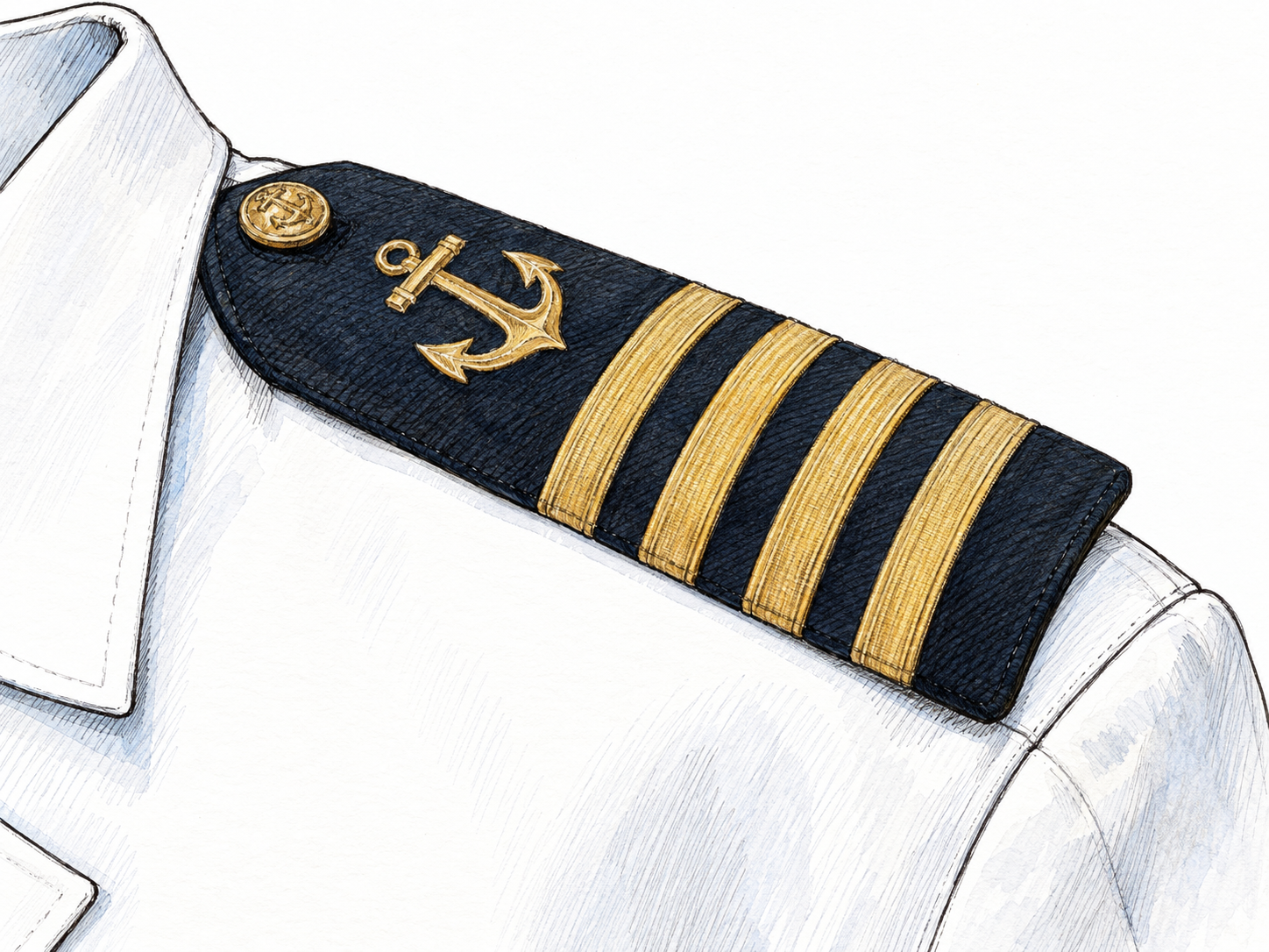 A close-up of a naval officer's shoulder board attached to a white uniform shoulder, with a prominent gold anchor and four gold rank stripes.