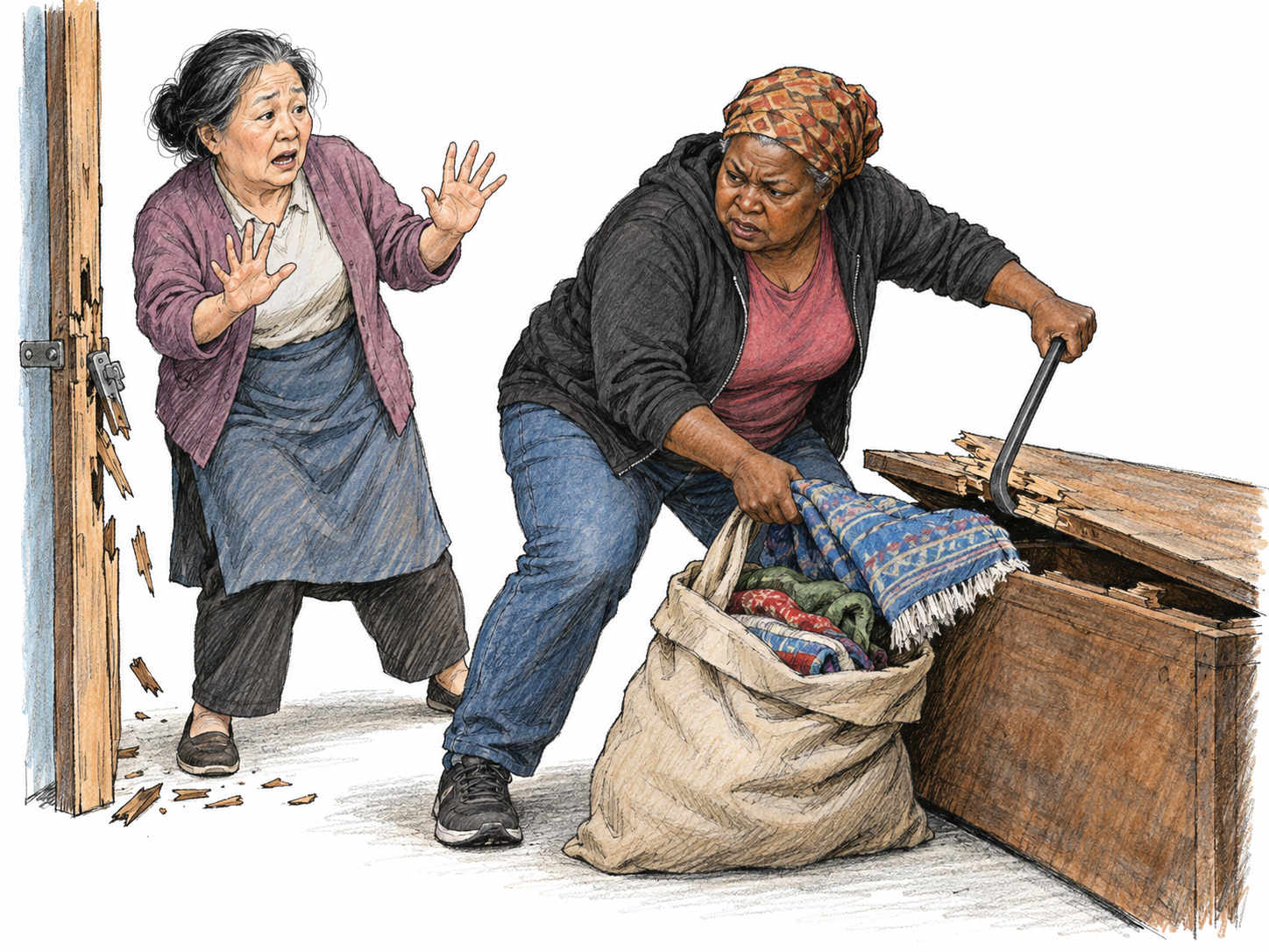 A looter violently raids a small shop, prying open a goods chest and stuffing its contents into a sack while the shopkeeper recoils beside the splintered entrance.