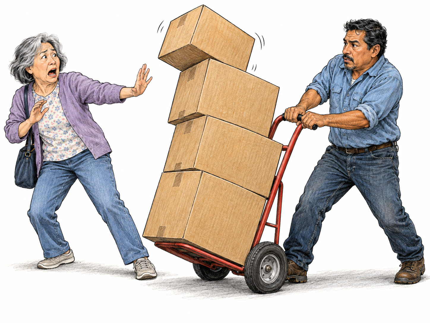 An older woman urgently raises an open palm to stop a man pushing a hand truck whose tall stack of boxes is tipping toward her.