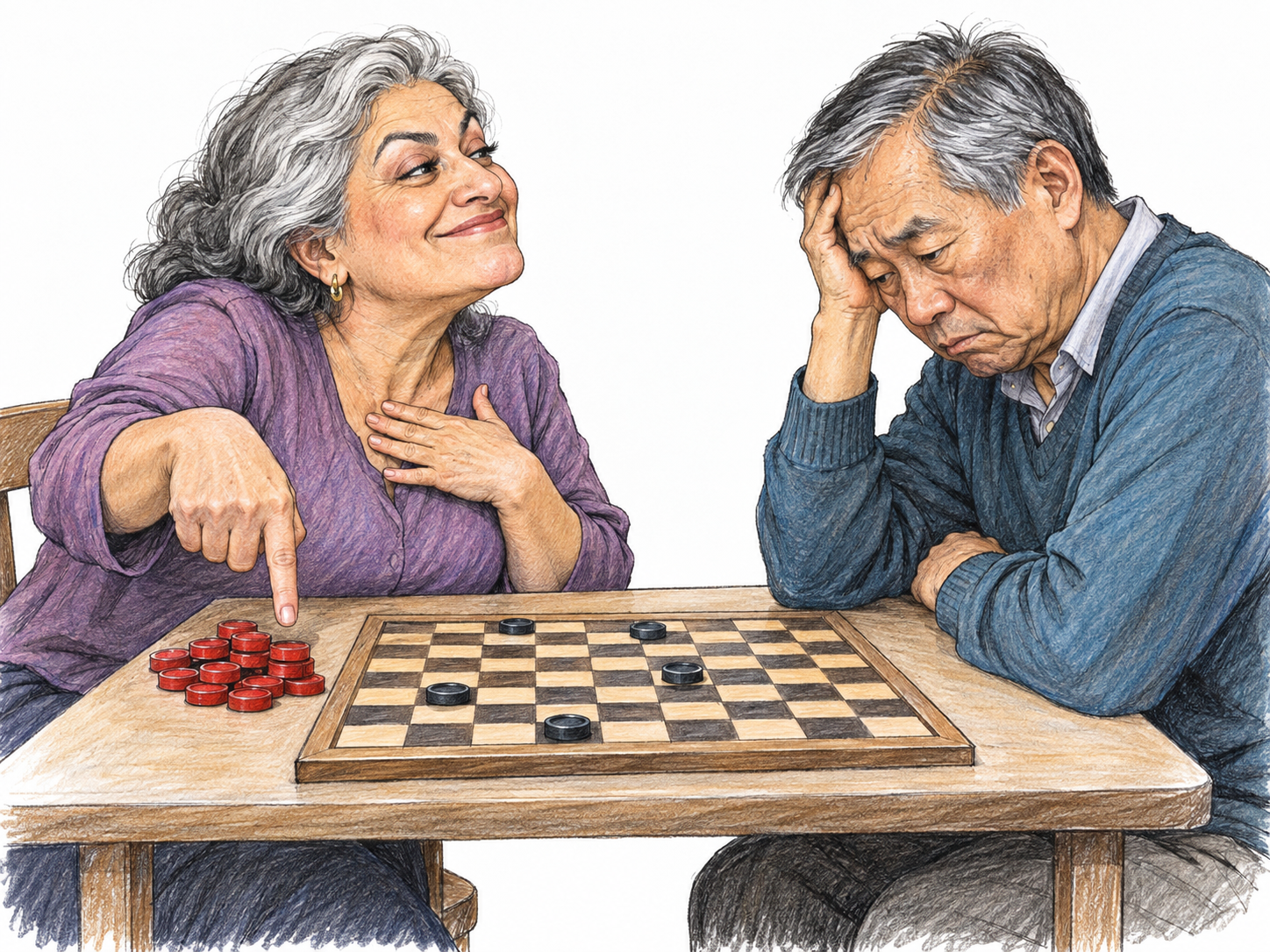 An older woman gloats after winning a tabletop game, ostentatiously displaying her winning pieces toward her visibly dejected opponent with a smug, sideways grin.