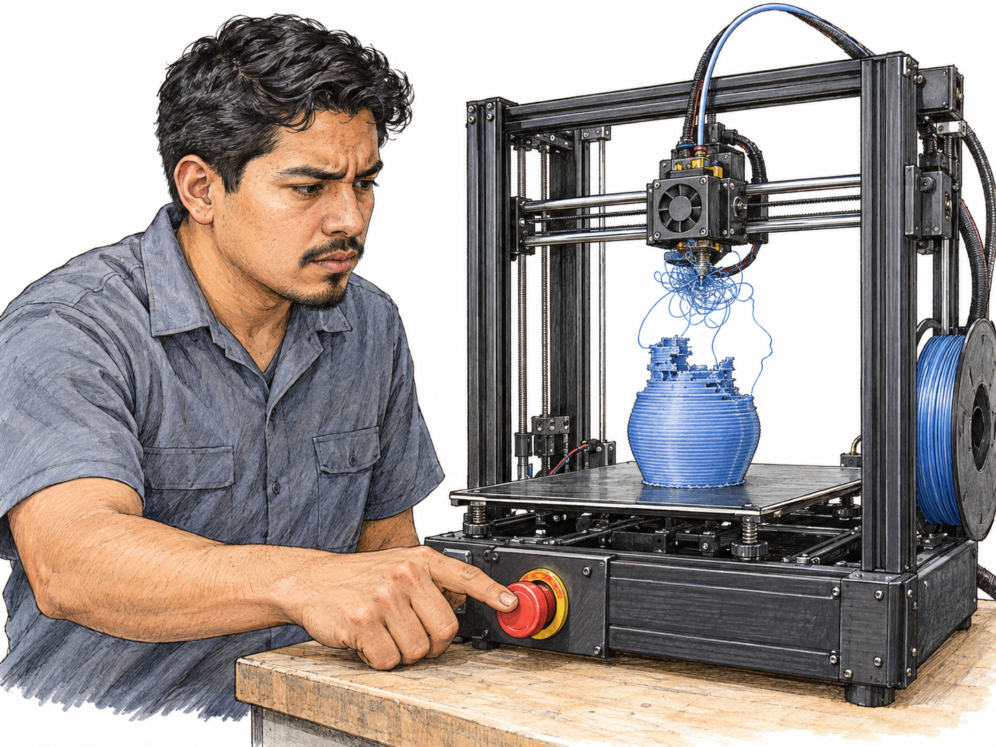 A technician aborts a failing 3D print by pressing the printer's emergency-stop button while the object is visibly unfinished and loose filament spills from the failed upper layers.