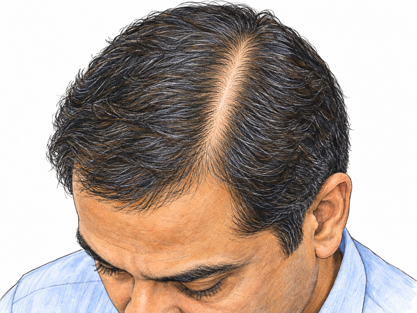 Close, elevated view of a man's crown with dark hair parted widely to reveal the intact skin beneath, making the scalp itself the focal subject.