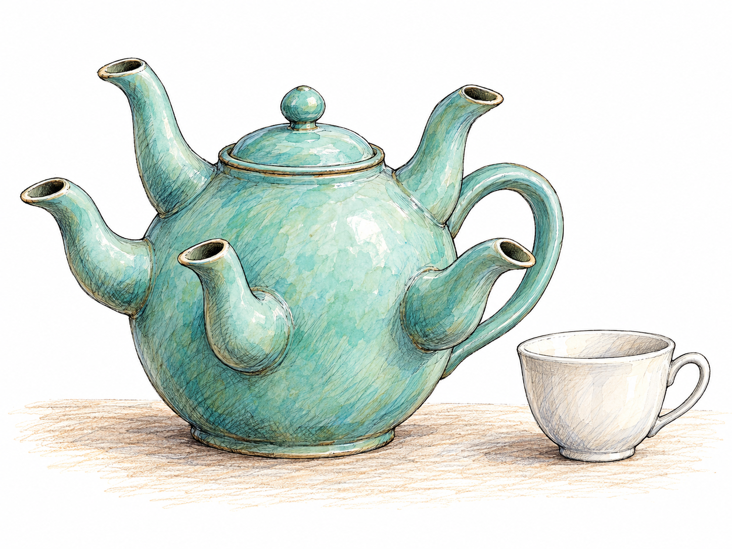 A strikingly strange ceramic teapot with six curved spouts pointing in different directions, presented beside one ordinary teacup for immediate contrast.