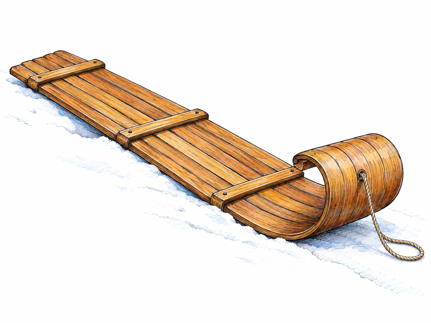 An unoccupied traditional wooden toboggan rests diagonally on a small snowy slope, clearly showing its long narrow flat bottom, curled-up front, and absence of runners.