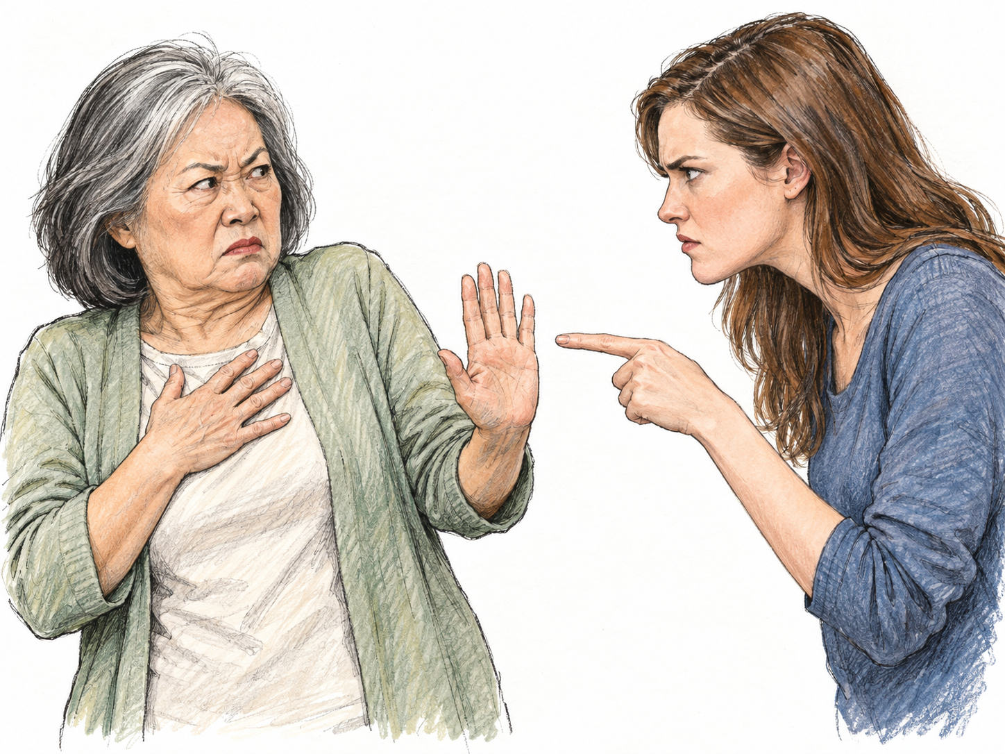 An older woman stiffens, frowns and raises a defensive palm toward an accusing person.